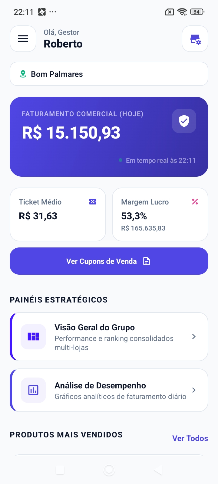 Tela principal do e-vendas mostrando o faturamento comercial em tempo real