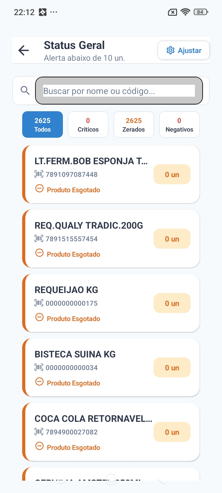 Tela do e-vendas: Estoque