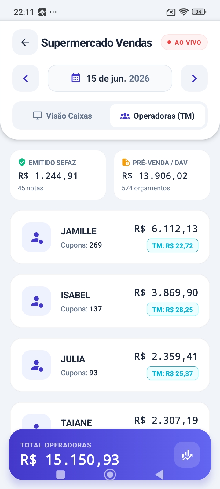 Tela do e-vendas: Operadoras